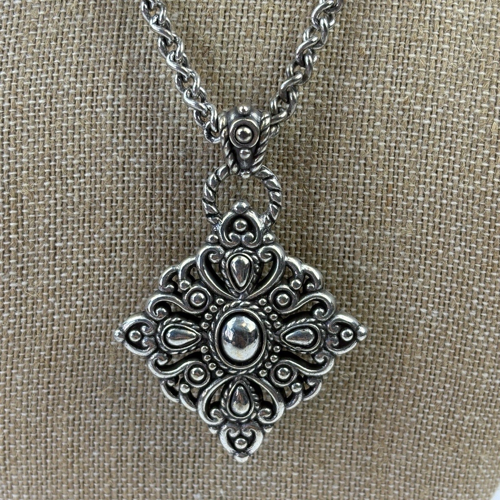 Brighton Medallion Pendant Necklace Silver Tone Filigree Reversible Retired